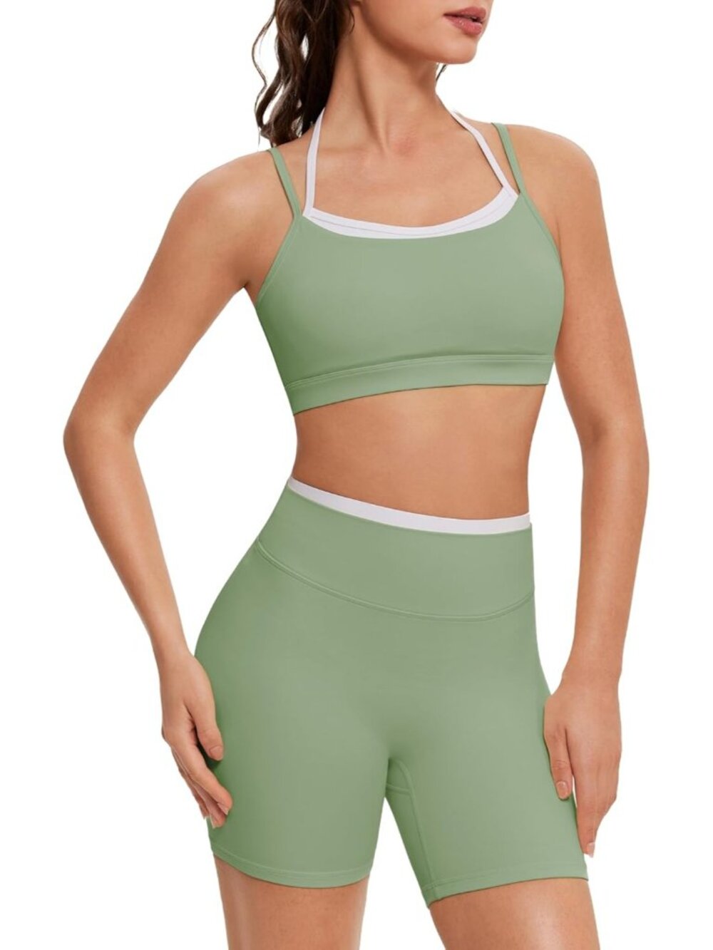 Women Tender Green Doubel Layer Open Back Activewear Sports Bra & Gym Shorts Set